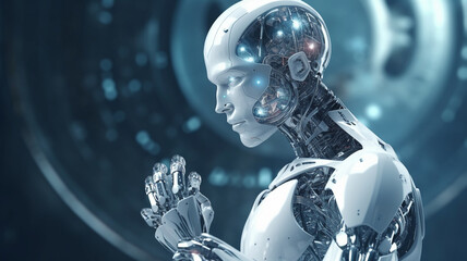 Fototapeta na wymiar White man cyborg on blurred background. Generative AI