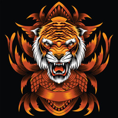 tiger head illustration with baroque ornament