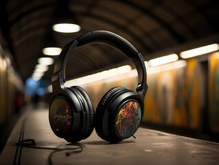 Obraz na płótnie Canvas Headphones underground street music cover album