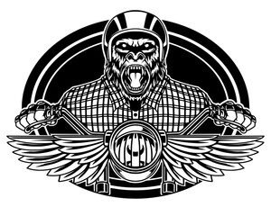 Illustrated logo with a gorilla object wearing a helmet and a motorbike. Logos for motorcycle clubs, t shirt designs, posters, and more.