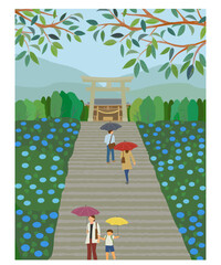 梅雨の風景　紫陽花と神社の階段