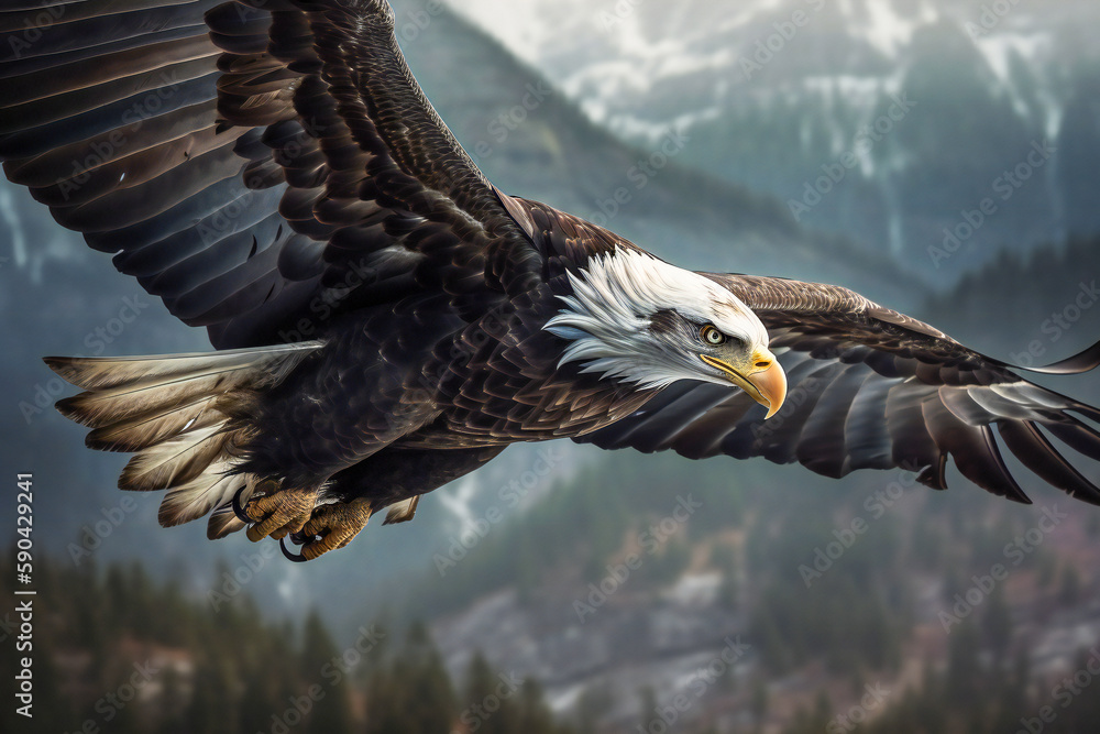 Poster a bald eagle in flight in nature. created with generative ai technology.