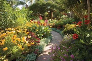 garden with a mix of plants that attract pollina, with a mix of wildflowers for a natural area. garden with a mix of plants with interesting bark  with a small gree, generative artificial intelligence