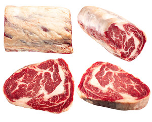 Isolated beef raw marbled meat collage