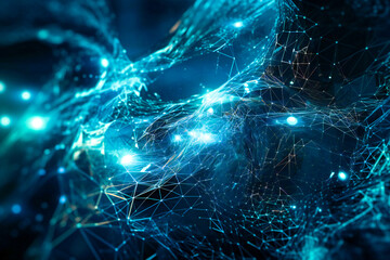 Blue abstract technology background. Abstract information technology, communications or artificial intelligence concept. Created with Generative AI technology.