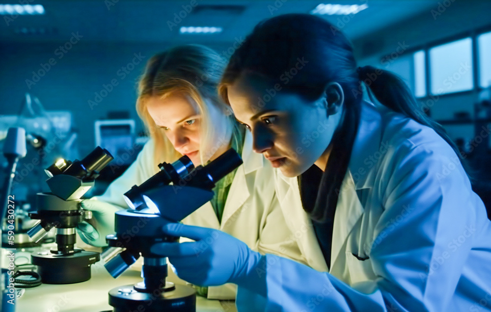 Aufkleber young scientists or students in a lab. created with generative ai technology.
