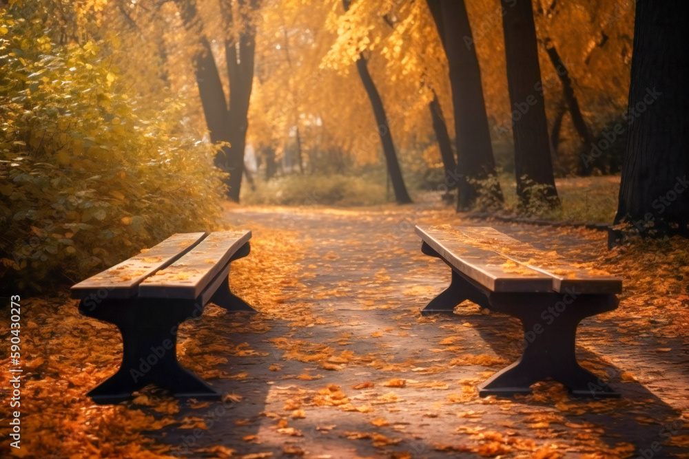 Poster benches in a park in autumn. created with generative ai technology.