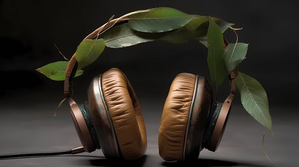 Wooden headphones in forest , cover image for chill music album