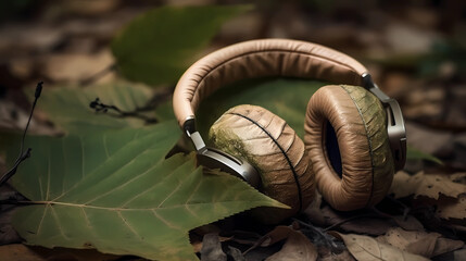 Wooden headphones in forest , cover image for chill music album