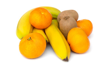 Heap of fruit on white. Tangerines with kiwis and bananas on white background.