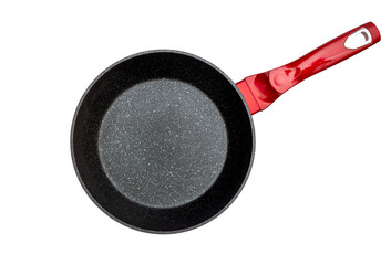 Red frying pan with non-stick coating on white. Top view. - 590430299