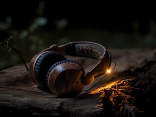Wooden headphones in forest , cover image for chill music album