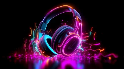 Gardinen Neon glowing headphones electro house music cover album © Budairomi