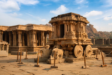 Stone chariot with ancient medieval architecture at the Vijaya Vittala temple at Hampi Karnataka, India.