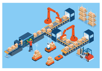 3D isometric automated warehouse robots and Smart warehouse technology concept with Warehouse Automation System and Autonomous robot transportation in warehouses. Vector illustration EPS 10