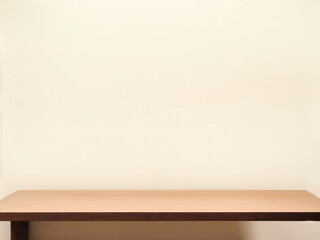 Empty top wooden shelves and wall background.