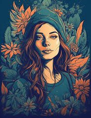 Stoner girl, weed plants on backgrounds. Generative AI