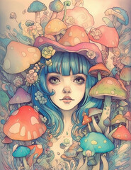 Portrait of Mushroom fairy little cute girl with random mushrooms. Generative AI