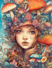 Portrait of Mushroom fairy little cute girl with random mushrooms. Generative AI