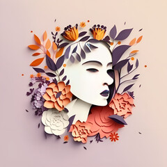 Illustration of face and flowers in paper cut style for mothers day and womens day made with generative AI