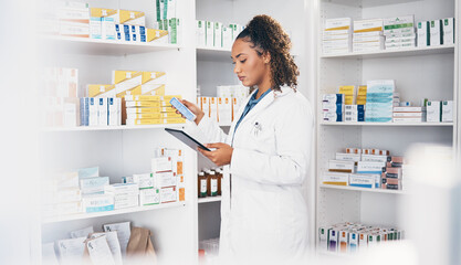 Tablet, stock and medication with a woman in a pharmacy to fill an online order of prescription...