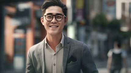 Obraz premium 都会のビジネス街を歩くメガネをかけたアジア系ビジネスマンの男性（笑顔・Generative AI） 