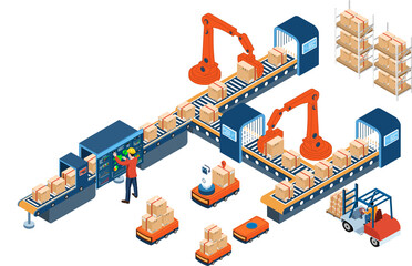 automated warehouse robots and Smart warehouse technology concept with Warehouse Automation System and Autonomous robot transportation in warehouses. - obrazy, fototapety, plakaty