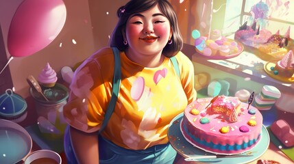 ケーキ・お菓子を食べる幸せそうに笑う太った女性（Generative AI）

