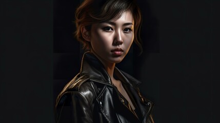 黒い皮の服を着たクールなアジア人女性（Generative AI）
