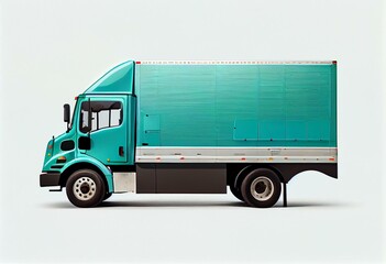 Delivery truck side view with blue-green cab isolated on white background. Generative AI