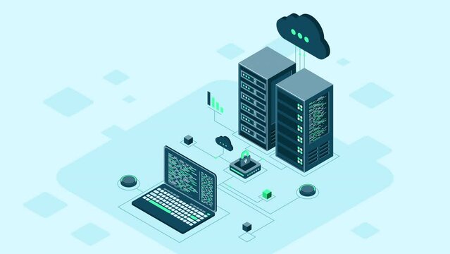 Cyber data security. Internet security isometric concept. Server room connected with laptop through protected hub. Computing internet digital technology. 4K seamless loop animation