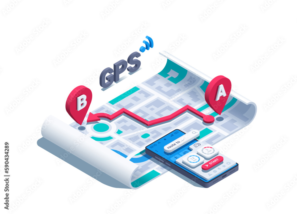 Poster isometric vector illustration on a white background, city map and two location icons a and b and bet