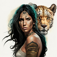 Portrait of young american indian apache girl with leopard, not a real person, made with Generative AI