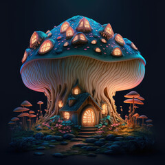 Fantasy fairytale house inside giant mushroom in fairytale forest ,made with Generative AI