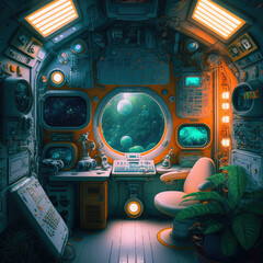 Fototapeta premium Futuristic spaceship cockpit interior. Future spacecraft control panels technology, space travel concept ,made with Generative AI