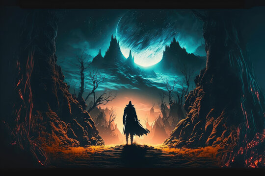 A witcher stands in front of an epic foggy landscape with a huge mountain in the background ,made with Generative AI