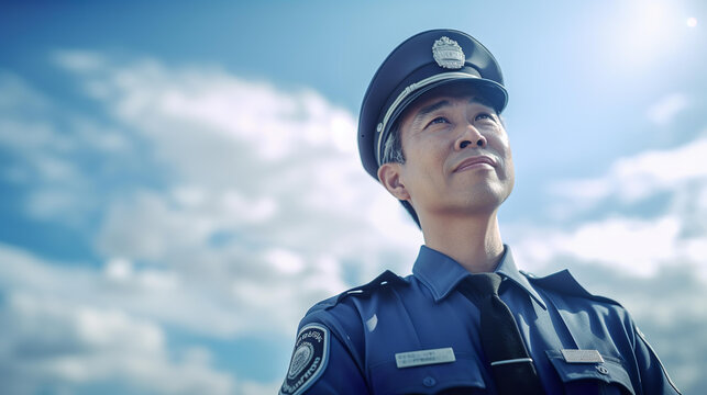 青空の中働く警察官・警備員・ポリスのアジア人男性（Generative AI）
