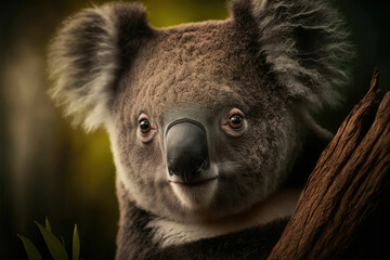 Obraz premium Koala joey sits on a tree branch in the forest ,made with Generative AI