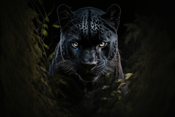 Black panther in the mist, morning misty big leopard cat ,made with Generative AI