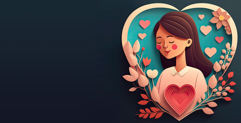 valentine's day, paper cut  beautiful woman with love shaped flowers dark background and copy space for text message banner 