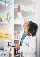 Shelf, pharmacy product and woman with tablet or medicine management, stock research or medical...