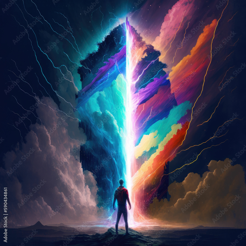 Poster man standing in front of colorful sky with a pillar of light ,made with generative ai
