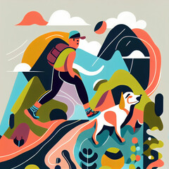 Runner with scenic mountain landscape, flat cartoon illustration ,made with Generative AI