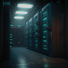 Data center with server room. Platform for hosting contemporary Internet contents. Rack housing server data storage hardware ,made with Generative AI