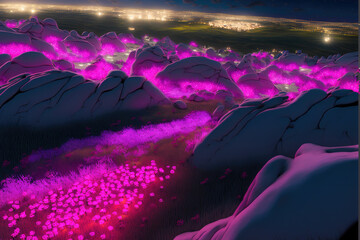 Beautiful spring landscape with pink grassland ,made with Generative AI