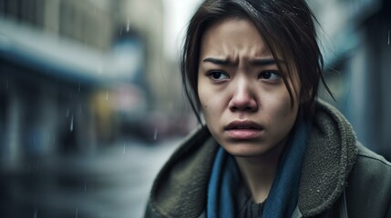 スラム街で貧困に悩む悲しそうな表情の女性（失恋・絶望・悲しい・Generative AI）
