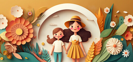 Mother's day, 3d papercut mother with baby, a beautiful woman with kid holding hands celebrate Mothers Day and copy space, International Mother's Day