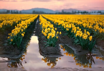 Rows of yellow daffodils and reflections in water in rainy weather. La Conner Skagit tulip festival. Washington. USA