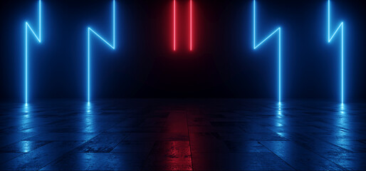 Sci Fi Cyber Futuristic Neon Glowing Red Blue Vibrant Electric Laser Lights On Tiled Stone Cement Asphalt Road Hangar Room Tunnel Underground Realistic Dark Showroom 3D Rendering