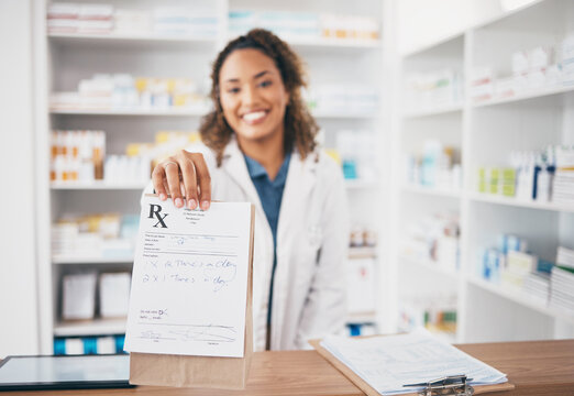 Pharmacy, Medicine Bag And Woman Giving Package To Pov Patient In Customer Services, Support Or Healthcare Help Desk. Pharmacist Or Doctor Portrait With Pharmaceutical Note Or Medical Product Receipt